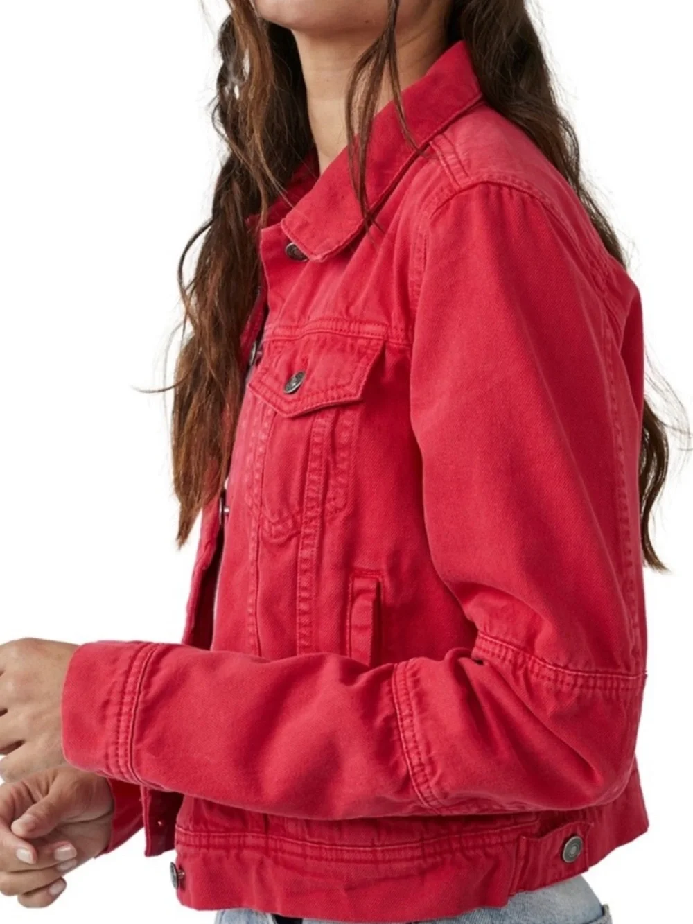Free People / We The Free Red Denim Trucker Jacket Size XL - Picture 2 of 11